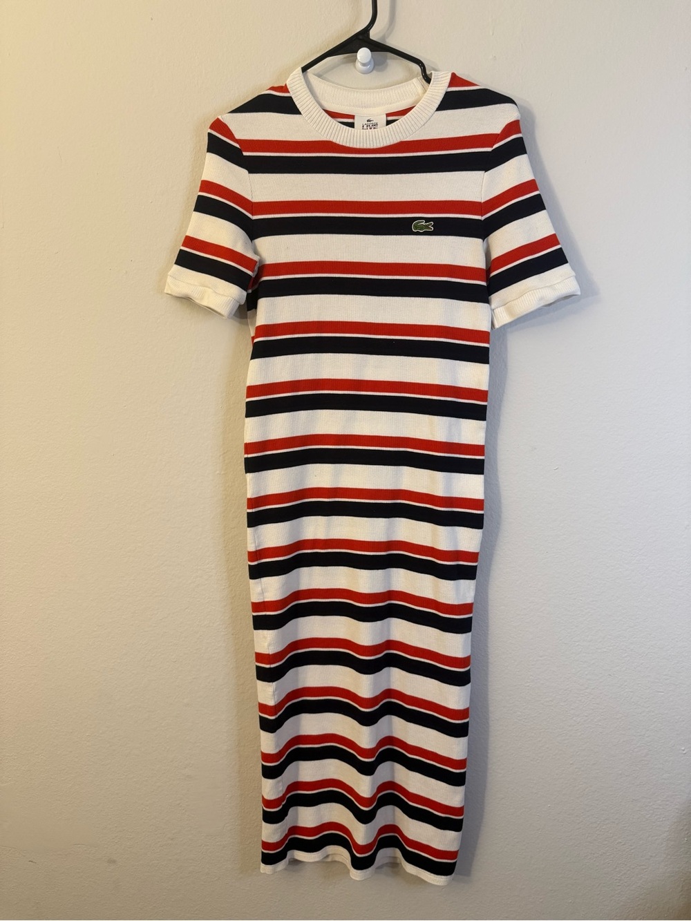 Lacoste L!VE Striped Ribbed Cotton Knit Midi Bodycon Dress Size 40 Med